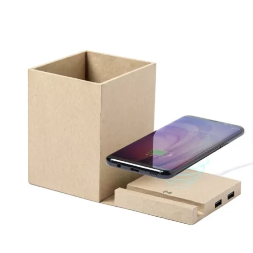 Gift Campaign Portpenne da scrivania con ricarica wireless e USB Cardboard> Portapenne