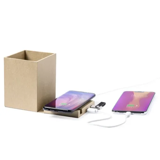 Gift Campaign Portpenne da scrivania con ricarica wireless e USB Cardboard> Portapenne