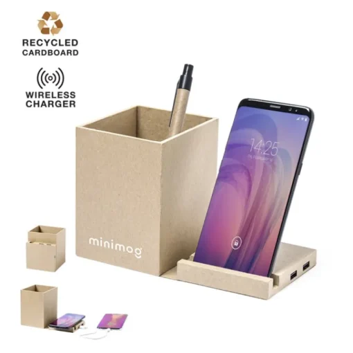 Gift Campaign Portpenne da scrivania con ricarica wireless e USB Cardboard> Portapenne