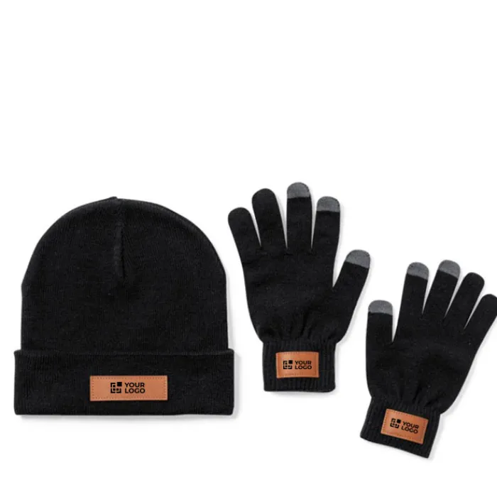 Gift Campaign Set con berretto e guanti con 3 dita touch in acrilico con logo Warm> Guanti|Berretti Invernali