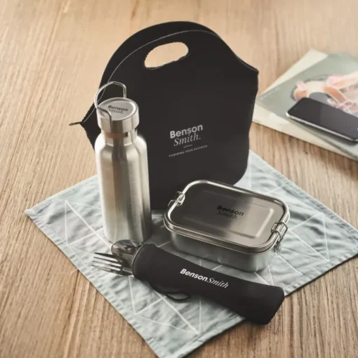 Gift Campaign Set con borraccia, portapranzo, posate e borsa in neoprene Lunch TakeAway> Porta Pranzo|Gadget Per L'Ufficio