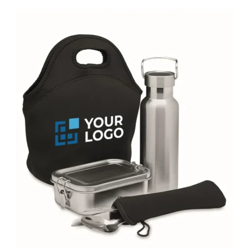 Gift Campaign Set con borraccia, portapranzo, posate e borsa in neoprene Lunch TakeAway> Porta Pranzo|Gadget Per L'Ufficio