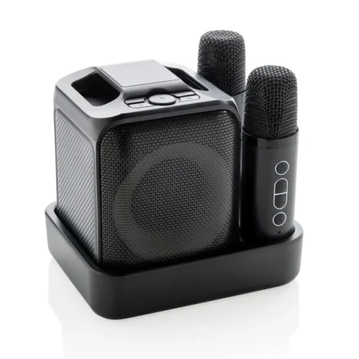 Gift Campaign Set da karaoke in plastica riciclata con 2 microfoni e altoparlante 5W> Casse Personalizzate