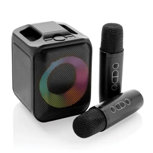 Gift Campaign Set da karaoke in plastica riciclata con 2 microfoni e altoparlante 5W> Casse Personalizzate