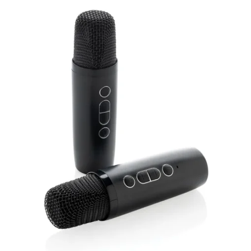 Gift Campaign Set da karaoke in plastica riciclata con 2 microfoni e altoparlante 5W> Casse Personalizzate