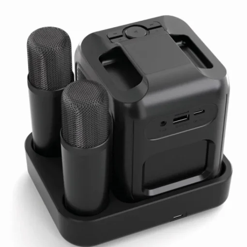 Gift Campaign Set da karaoke in plastica riciclata con 2 microfoni e altoparlante 5W> Casse Personalizzate