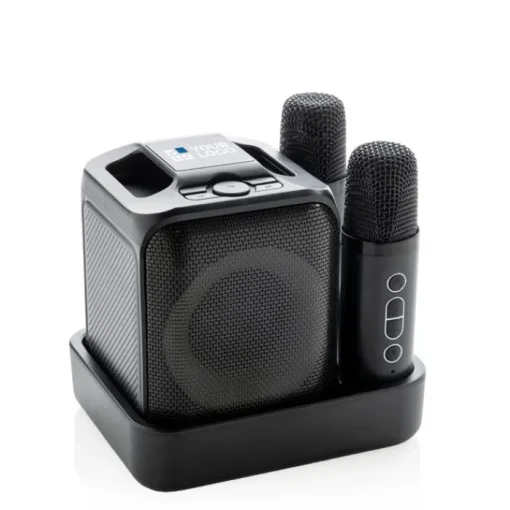 Gift Campaign Set da karaoke in plastica riciclata con 2 microfoni e altoparlante 5W> Casse Personalizzate
