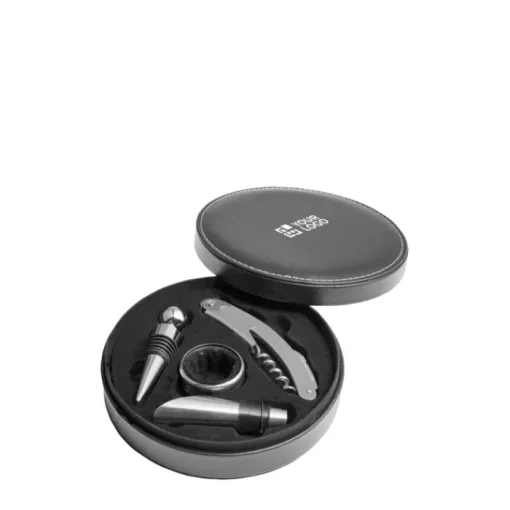 Gift Campaign Set da vino in cofanetto circolare con 4 accessori in acciaio inox> Gadget Per Vino|Cavatappi Personalizzati
