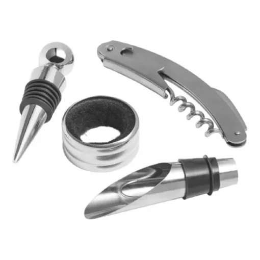 Gift Campaign Set da vino in cofanetto circolare con 4 accessori in acciaio inox> Gadget Per Vino|Cavatappi Personalizzati