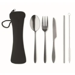 Gift Campaign Set di posate con logo in acciaio inox in un sacchetto di neoprene nero> Altri Utensili Da Cucina