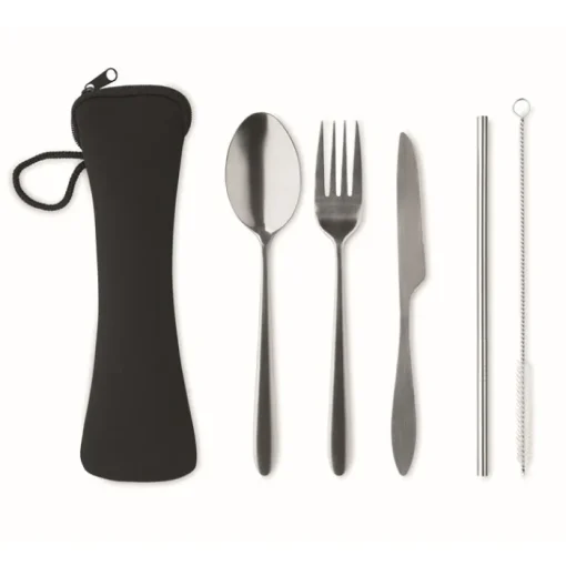 Gift Campaign Set di posate con logo in acciaio inox in un sacchetto di neoprene nero> Altri Utensili Da Cucina