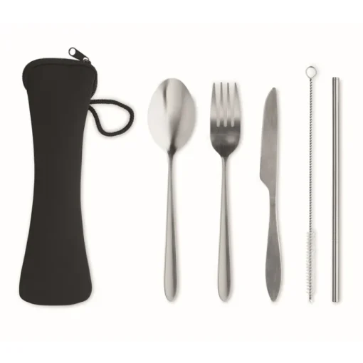 Gift Campaign Set di posate con logo in acciaio inox in un sacchetto di neoprene nero> Altri Utensili Da Cucina