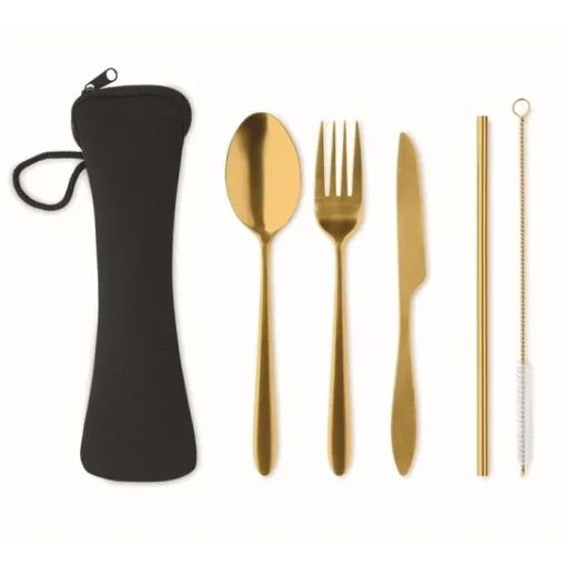 Gift Campaign Set di posate con logo in acciaio inox in un sacchetto di neoprene nero> Altri Utensili Da Cucina