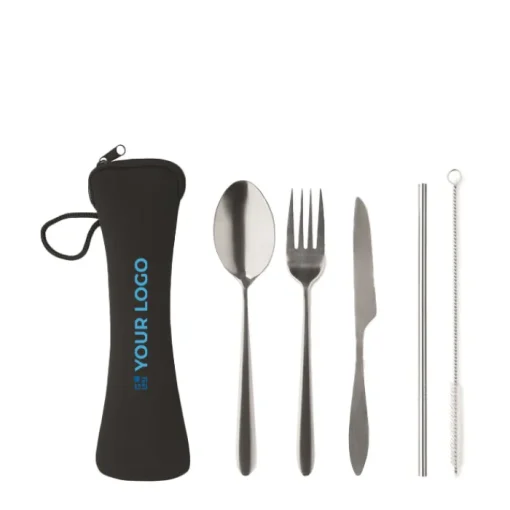Gift Campaign Set di posate con logo in acciaio inox in un sacchetto di neoprene nero> Altri Utensili Da Cucina