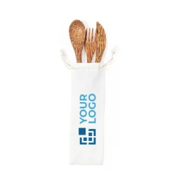 Gift Campaign Set di posate con logo in noce di cocco con sacchetto di cotone Coco></noscript> Altri Utensili Da Cucina