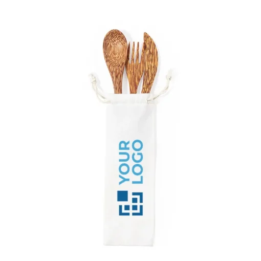 Gift Campaign Set di posate con logo in noce di cocco con sacchetto di cotone Coco> Altri Utensili Da Cucina