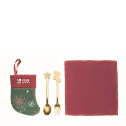 Gift Campaign Set di posate da dessert e tovagliolo in piccola calza della Befana></noscript> Gadget Natalizi