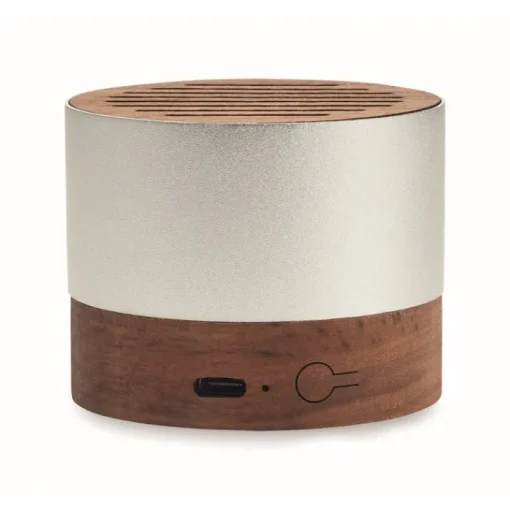 Gift Campaign Speaker wireless alluminio riciclato con dettagli in di noce 3W> Casse Personalizzate