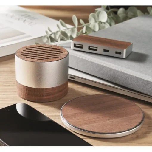Gift Campaign Speaker wireless alluminio riciclato con dettagli in di noce 3W> Casse Personalizzate
