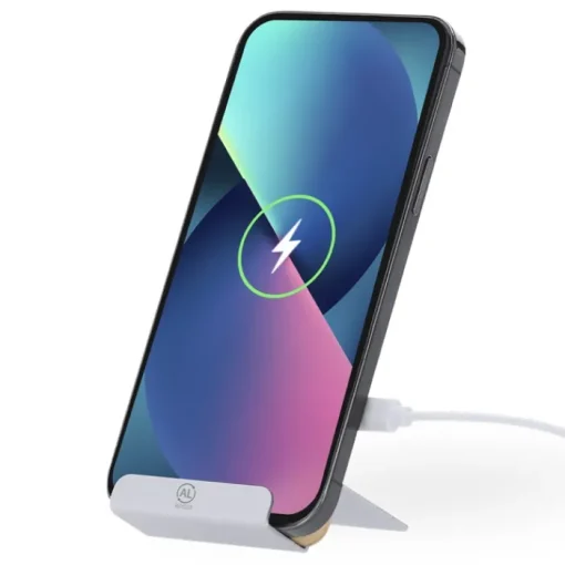Gift Campaign Supporto cellulare in bambù e alluminio con caricatore wireless 15W> Caricabatterie