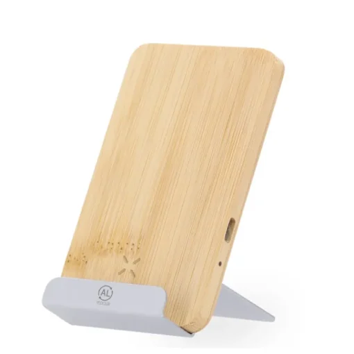 Gift Campaign Supporto cellulare in bambù e alluminio con caricatore wireless 15W> Caricabatterie