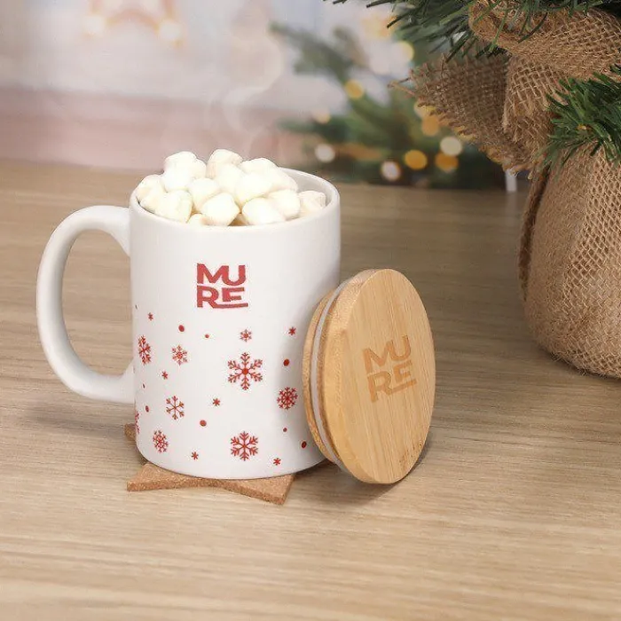 Gift Campaign Tazza in ceramica con fiocchi di neve e coperchio in bambù da 300ml> Gadget Natalizi