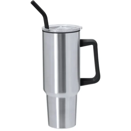 Gift Campaign Tazza termico in acciaio inox con manico e cannuccia nera da 1,2l> Bicchieri Termici Personalizzati