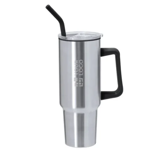 Gift Campaign Tazza termico in acciaio inox con manico e cannuccia nera da 1,2l> Bicchieri Termici Personalizzati