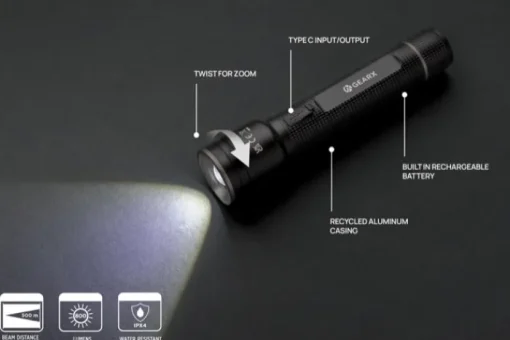 Gift Campaign Torcia in alluminio riciclato con 5 modalità di luce e portata di 500m> Torce